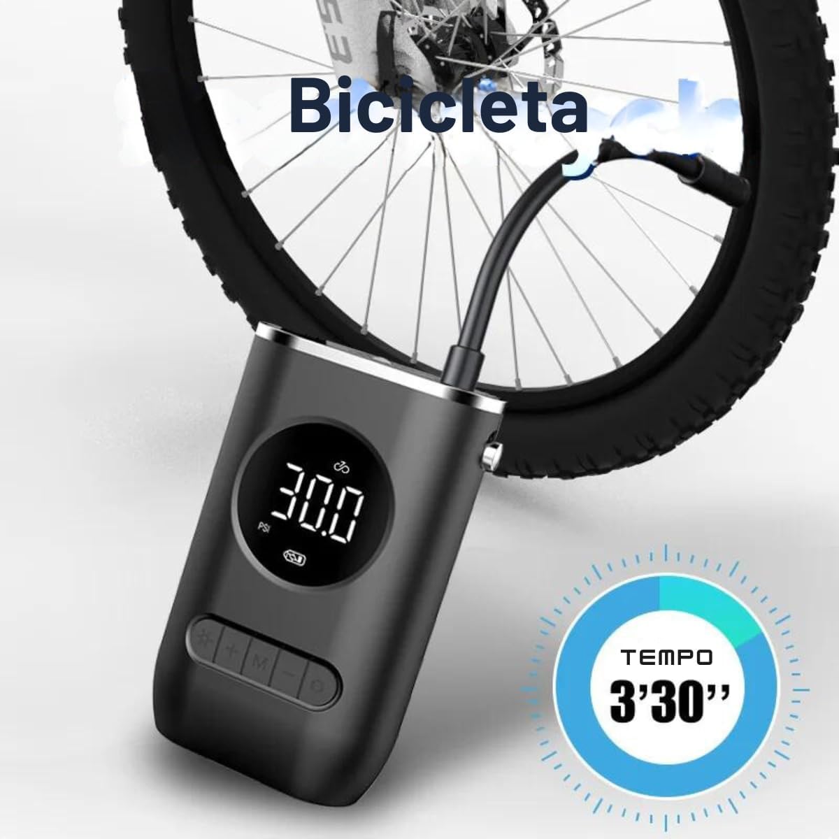 Calibrador Compressor Bomba De Ar Portátil Digital com Lanterna LED para Encher Pneus de Carro, Moto, Bike, Bicicleta, Bola e Piscina Inflável