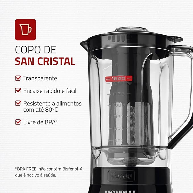 Liquidificador Mondial, Turbo Power 550W, Preto, 2,2 L - L-99 FB
