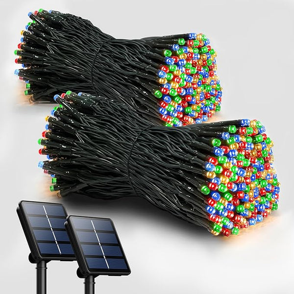 Pacote com 2 luzes solares para uso externo, 200 luzes LED extralongas com 8 modos de iluminação, decoração de iluminação externa à prova d'água para jardim, pátio, varanda, Natal, casamento, festa